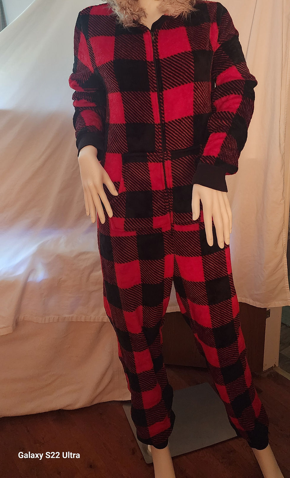 Women's Holiday Time Pajama Onsie with red and black buffalo plaid