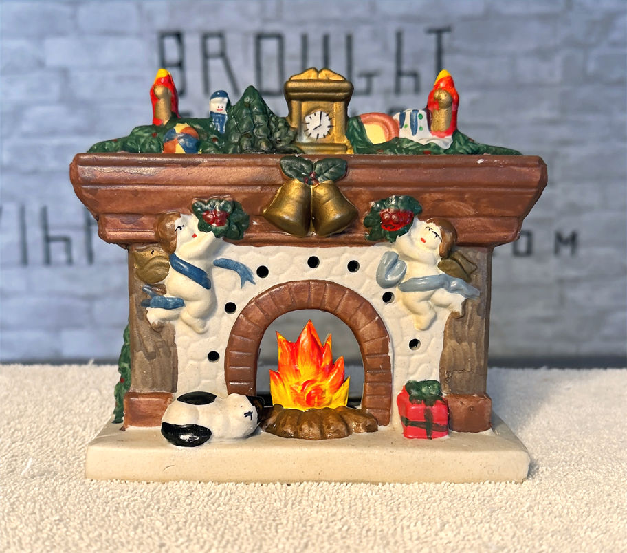 Vintage Ceramic Christmas Fireplace Tea Light Holder with sleeping cat and angel decorations-Front