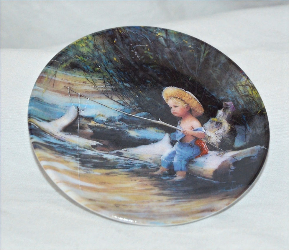 Little Fisherman Miniature Collector Plate by Donald Zolan depicts a small boy in a straw hat sitting on a log fishing.
