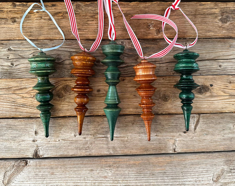 Thumbnail: SPIRES: Hand turned wood ornaments