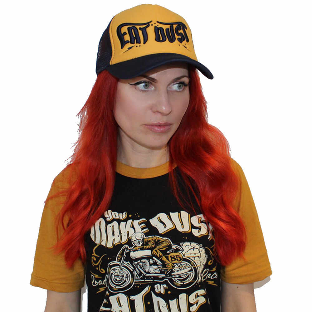 Eat Dust gold on deep navy trucker cap