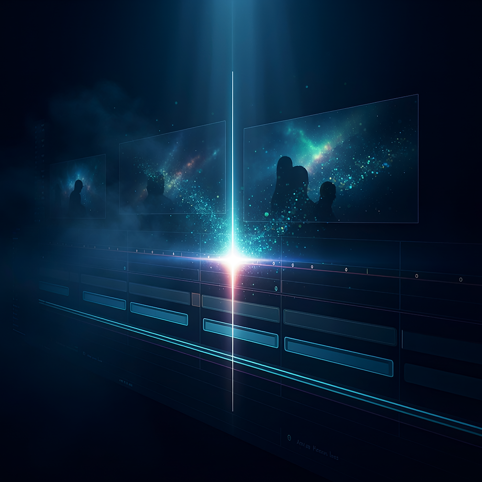 Firefly_cinematic video editing timeline floating in dark space, glowing clips, playhead e
