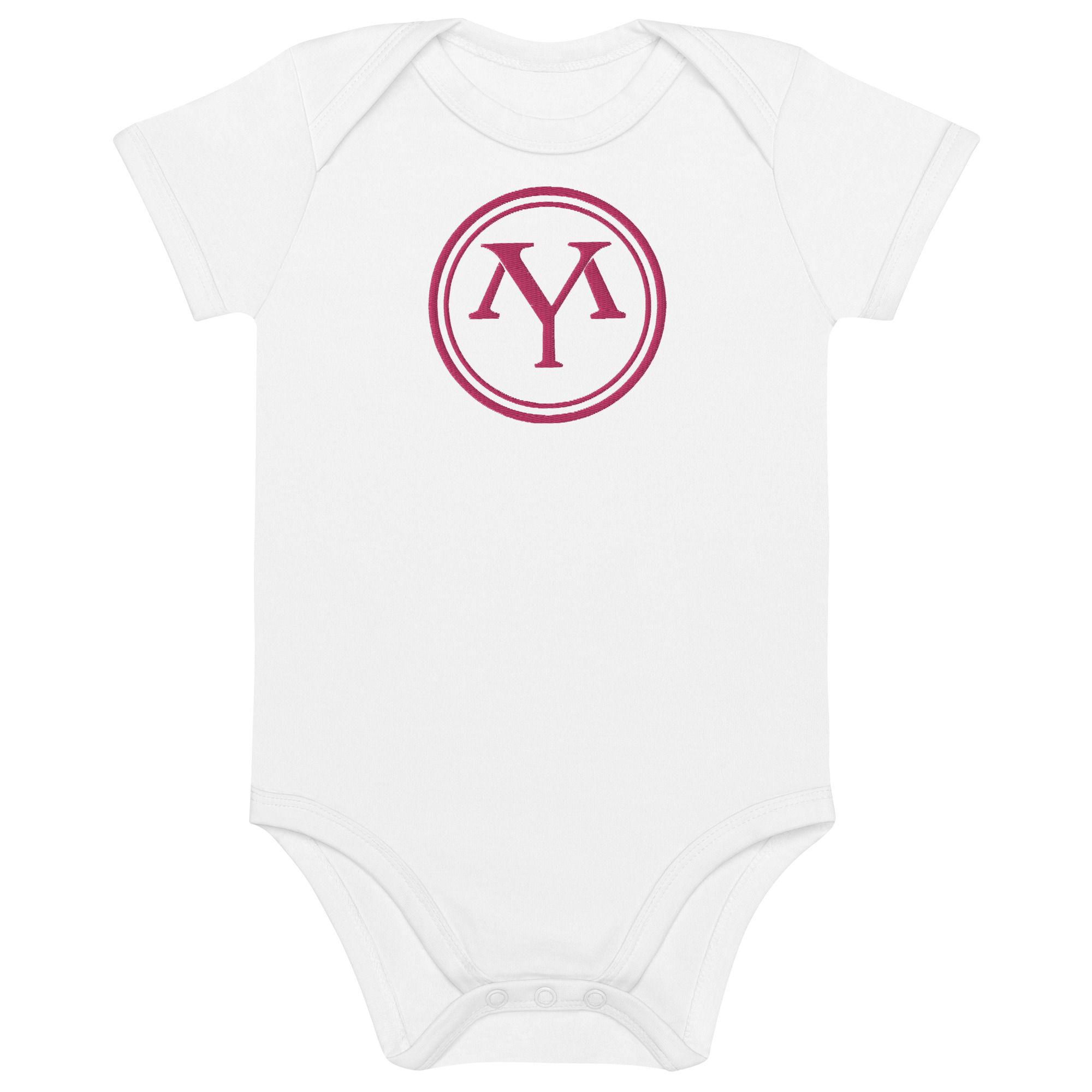 White baby bodysuit with YM logo