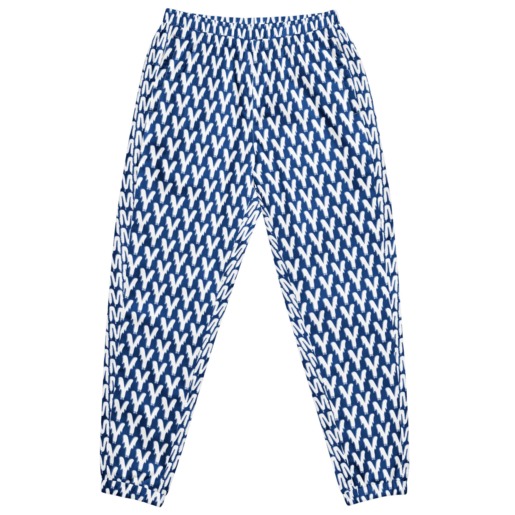 YM Drip Letter Track Pants: Blue, white Y pattern