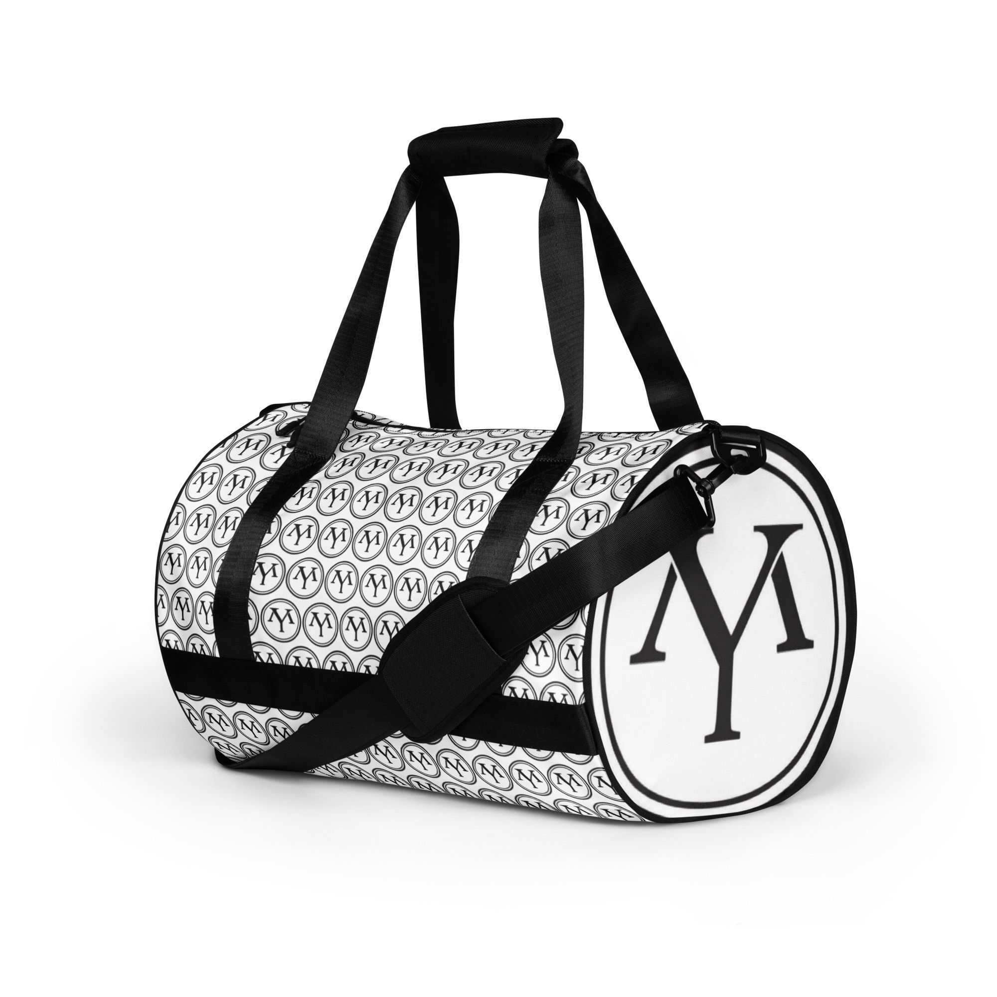 Black and white monogrammed duffel bag