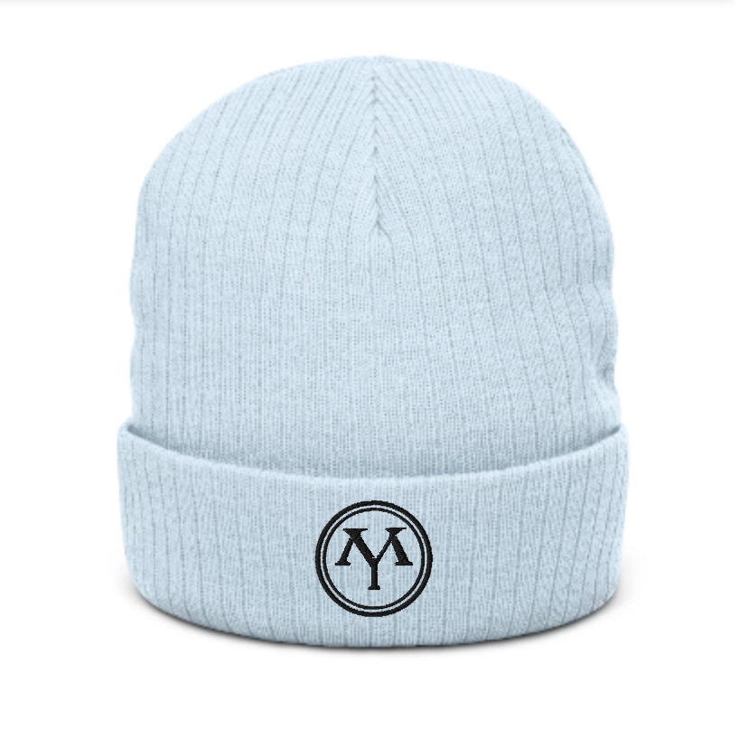 Thumbnail: Light blue beanie with embroidered MY logo