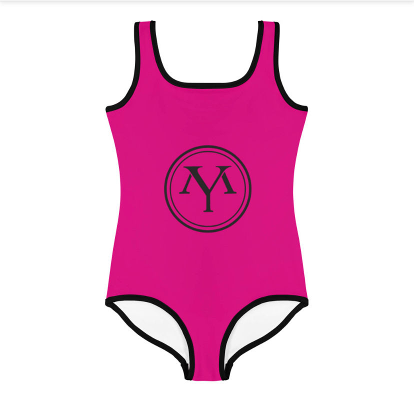 Pink YM monogram swimsuit for kids