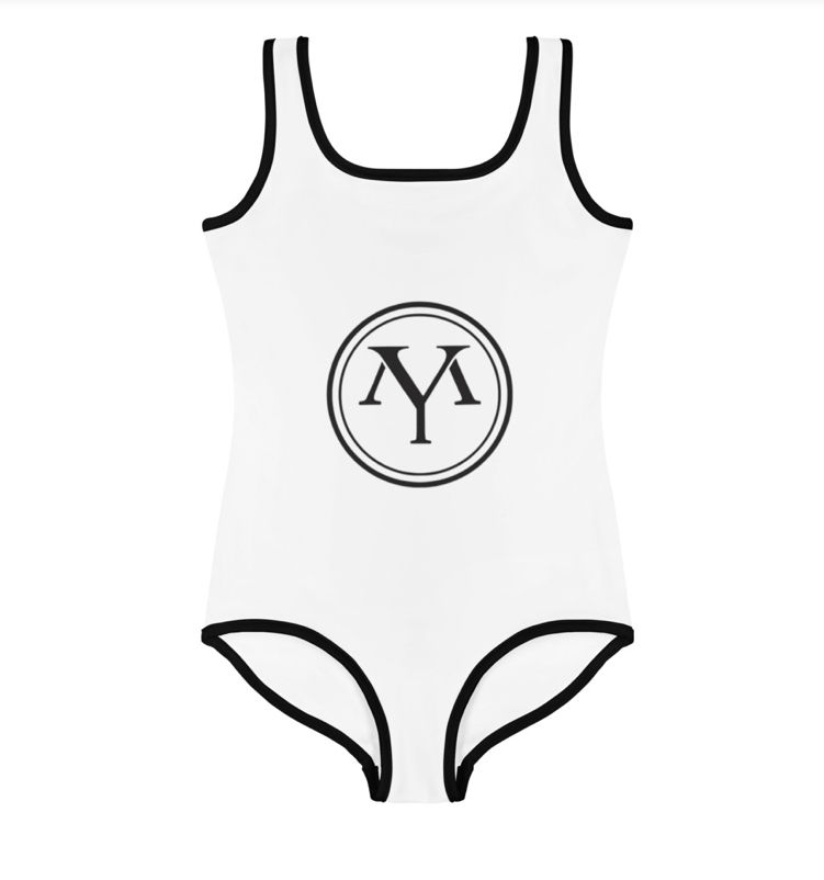 White swimsuit with MY logo, youthful summer style