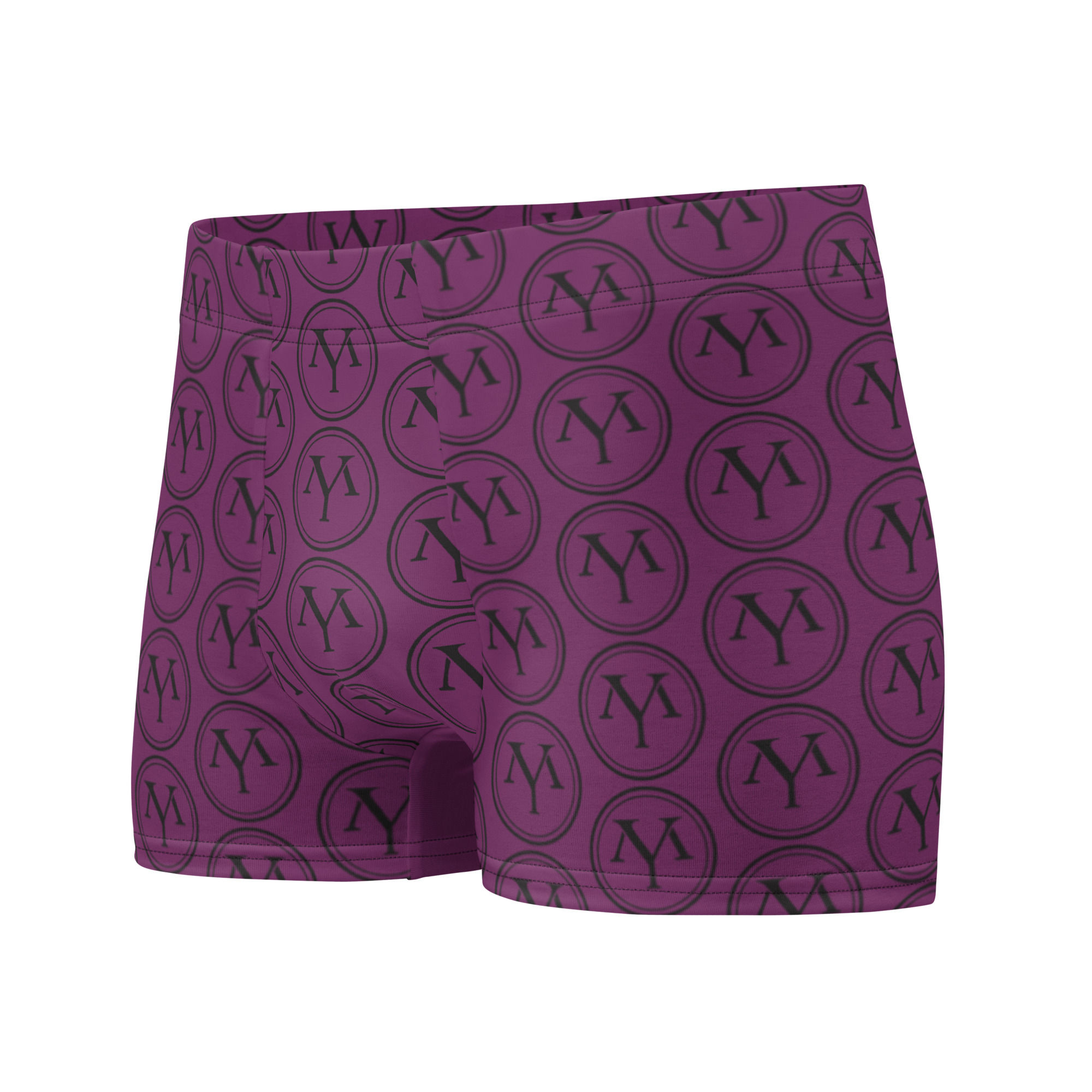 Purple YM Drip shorts with logo pattern