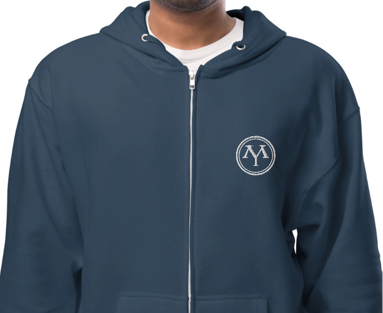 섬네일: Navy blue zip-up hoodie with embroidered MY logo