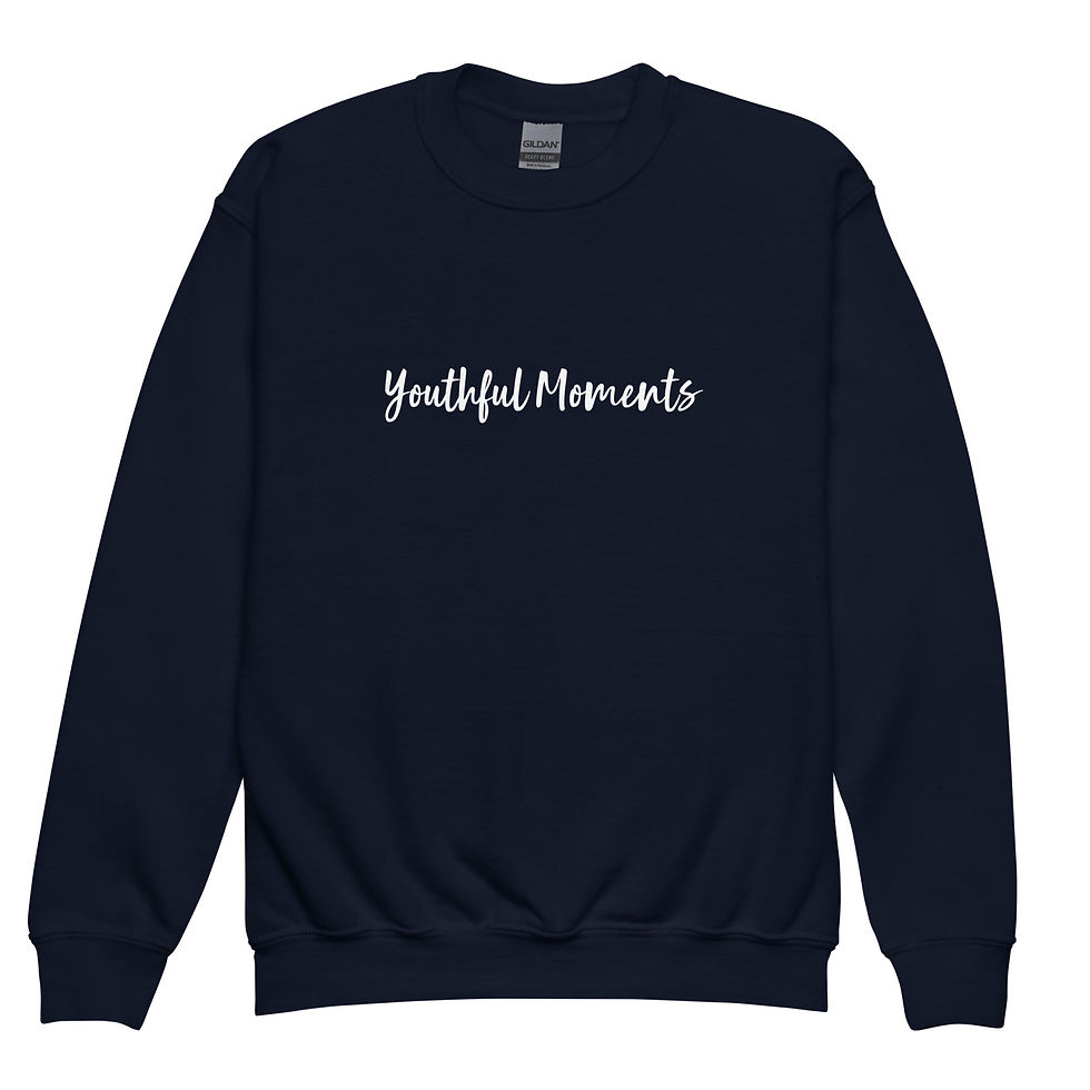 Navy blue sweatshirt with "Youthful Moments" text