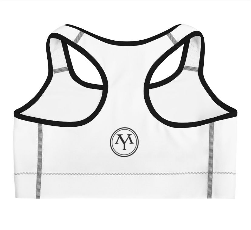 White sports bra, back view, YM logo