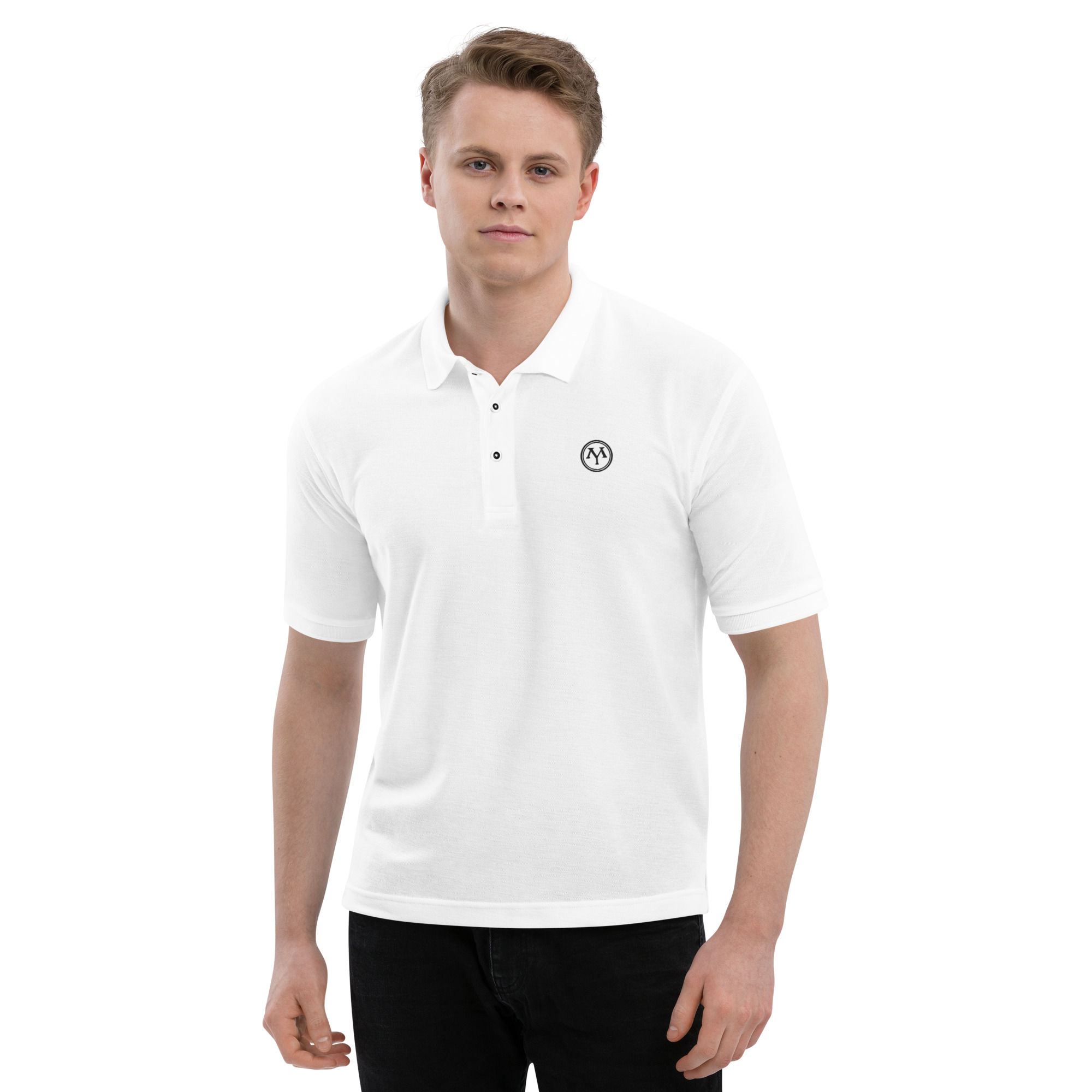 Man modeling white polo shirt with logo