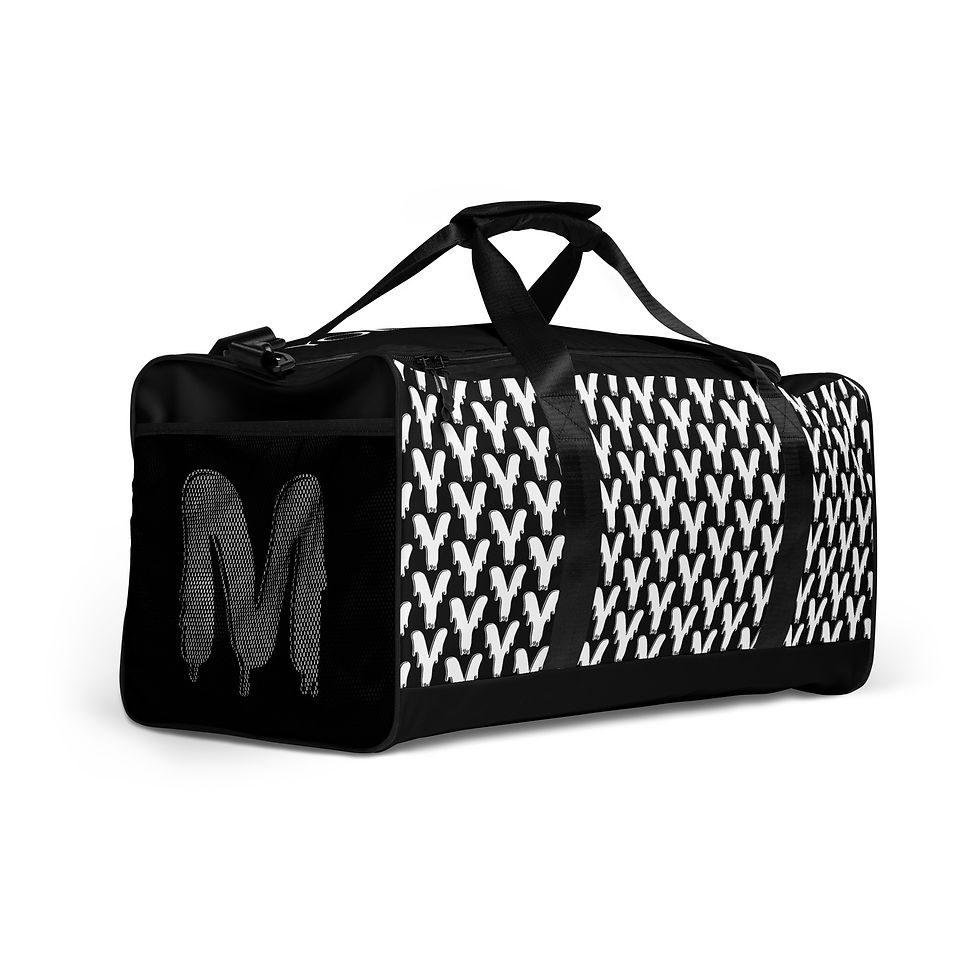 Thumbnail: Black duffel bag with 'M' and 'Y' pattern