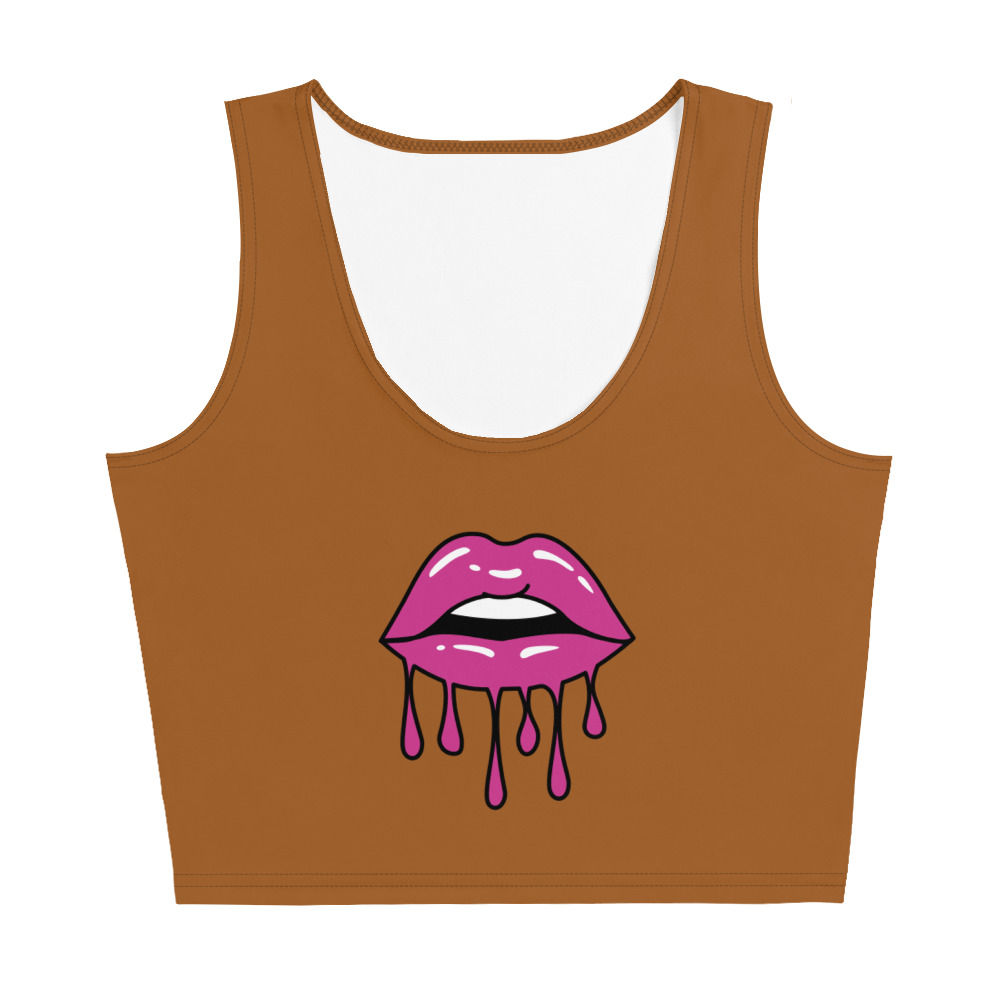 Pink lips dripping on brown crop top