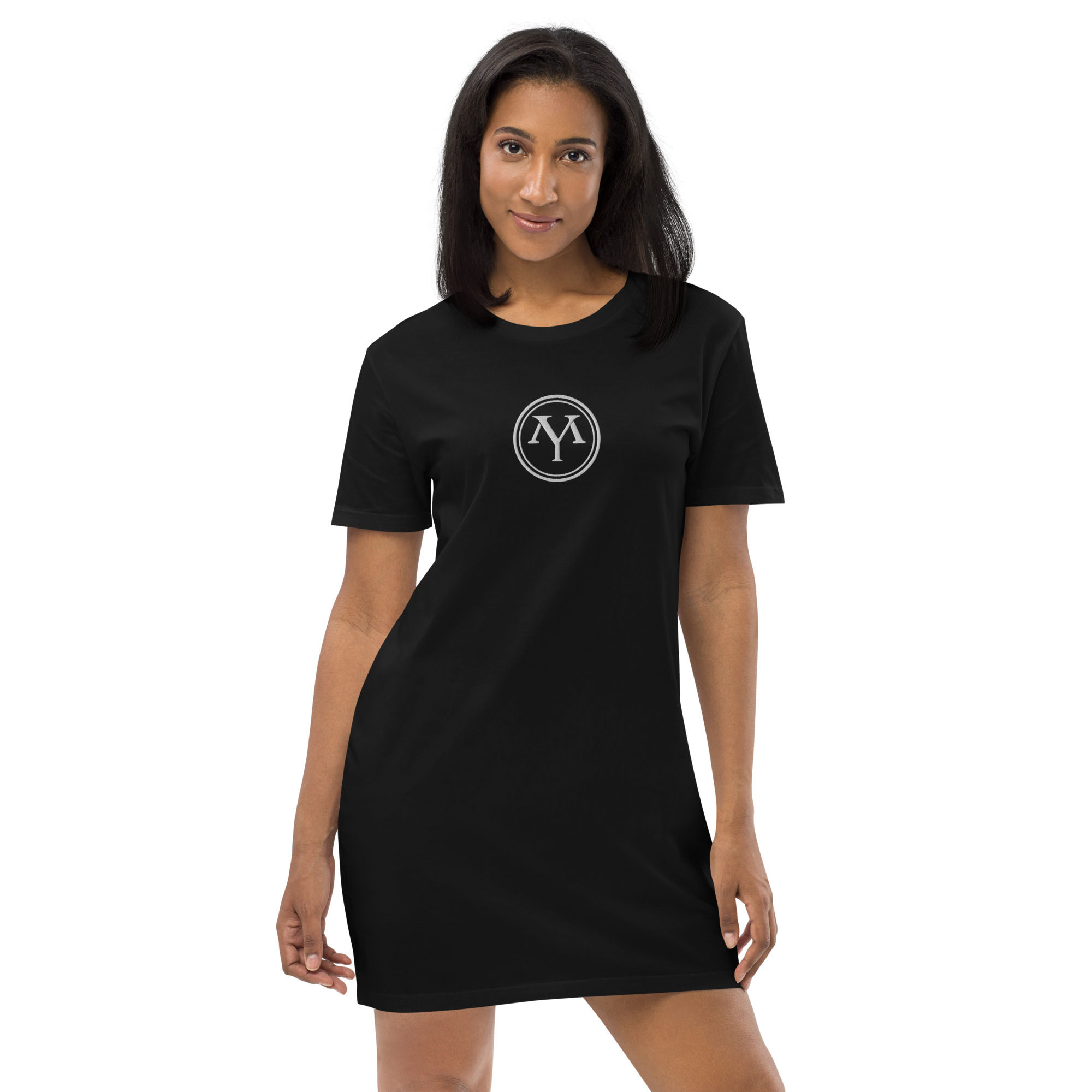 Woman in YM logo t-shirt dress