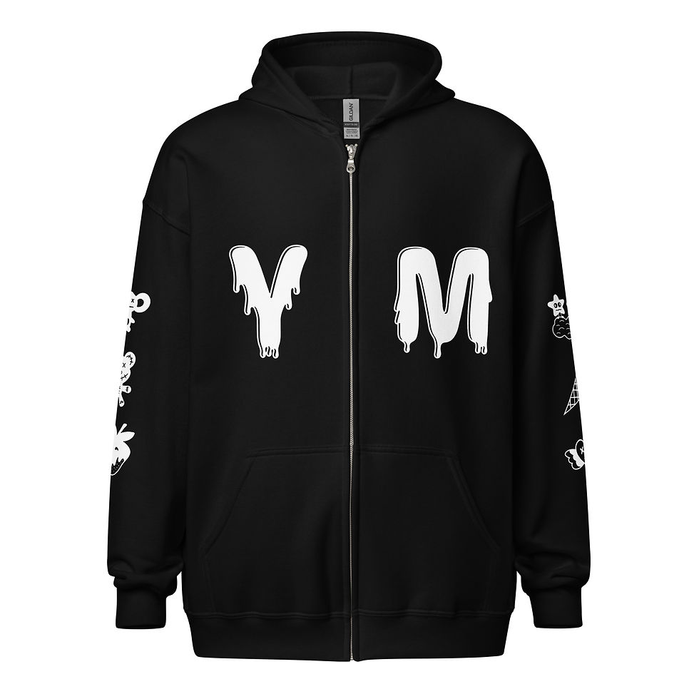 YM Drip Letter Cartoon Hooded Jacket: Black zip-up hoodie with white lettering