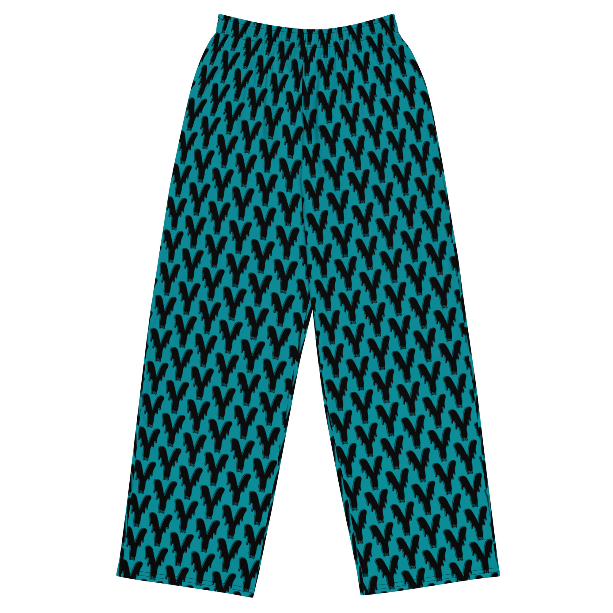 Teal pajama pants with black Y pattern