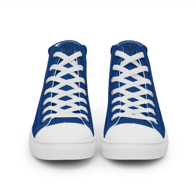 Blue high-top canvas sneakers with white laces and sole
