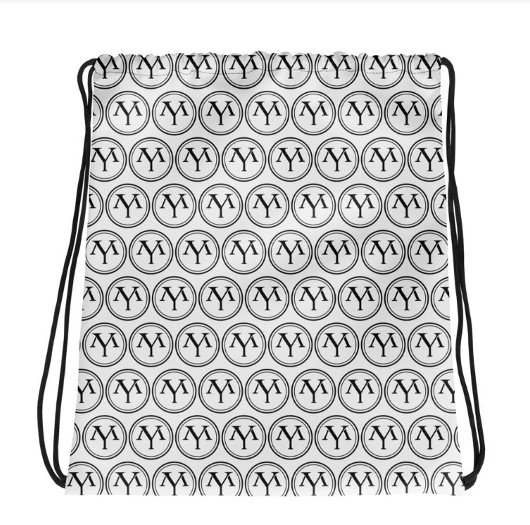 Black-and-white drawstring bag with repeating logo