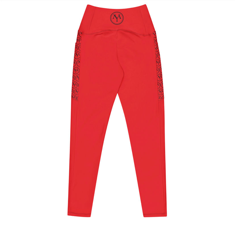 Red yoga pants with black side detailing