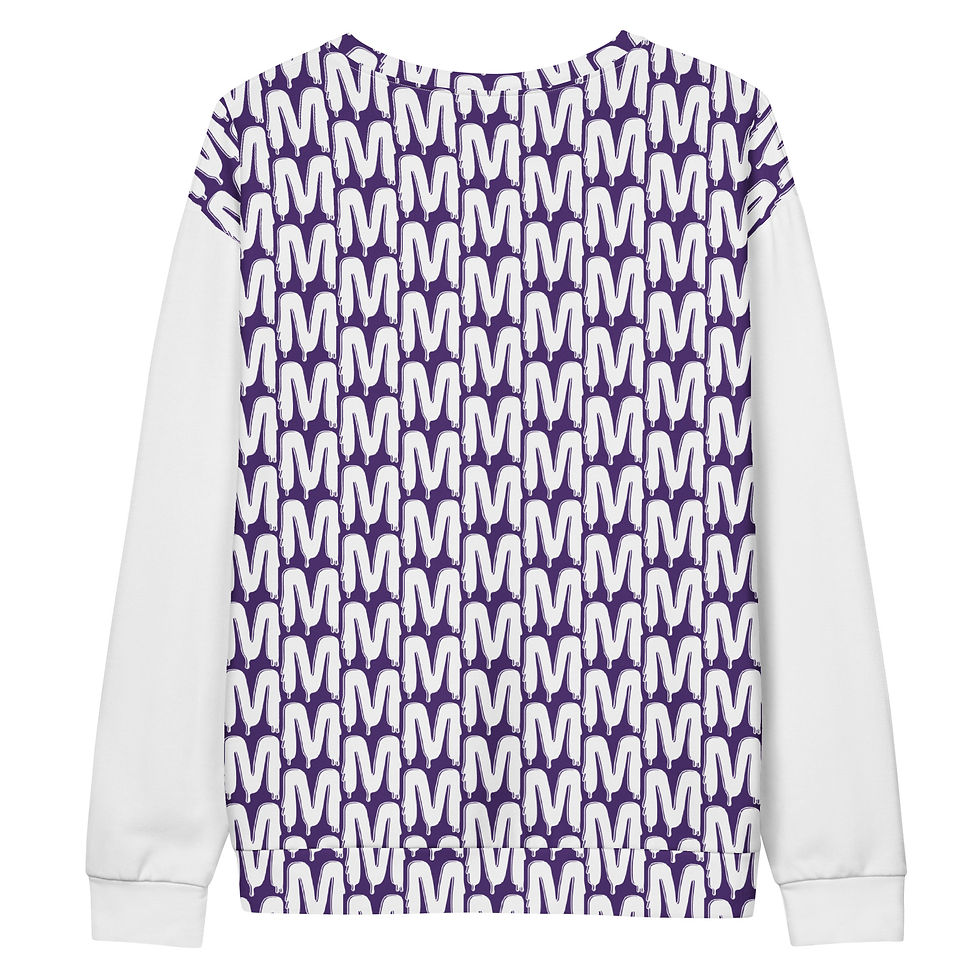 Purple and white hooded sweatshirt with repeating 'M' pattern