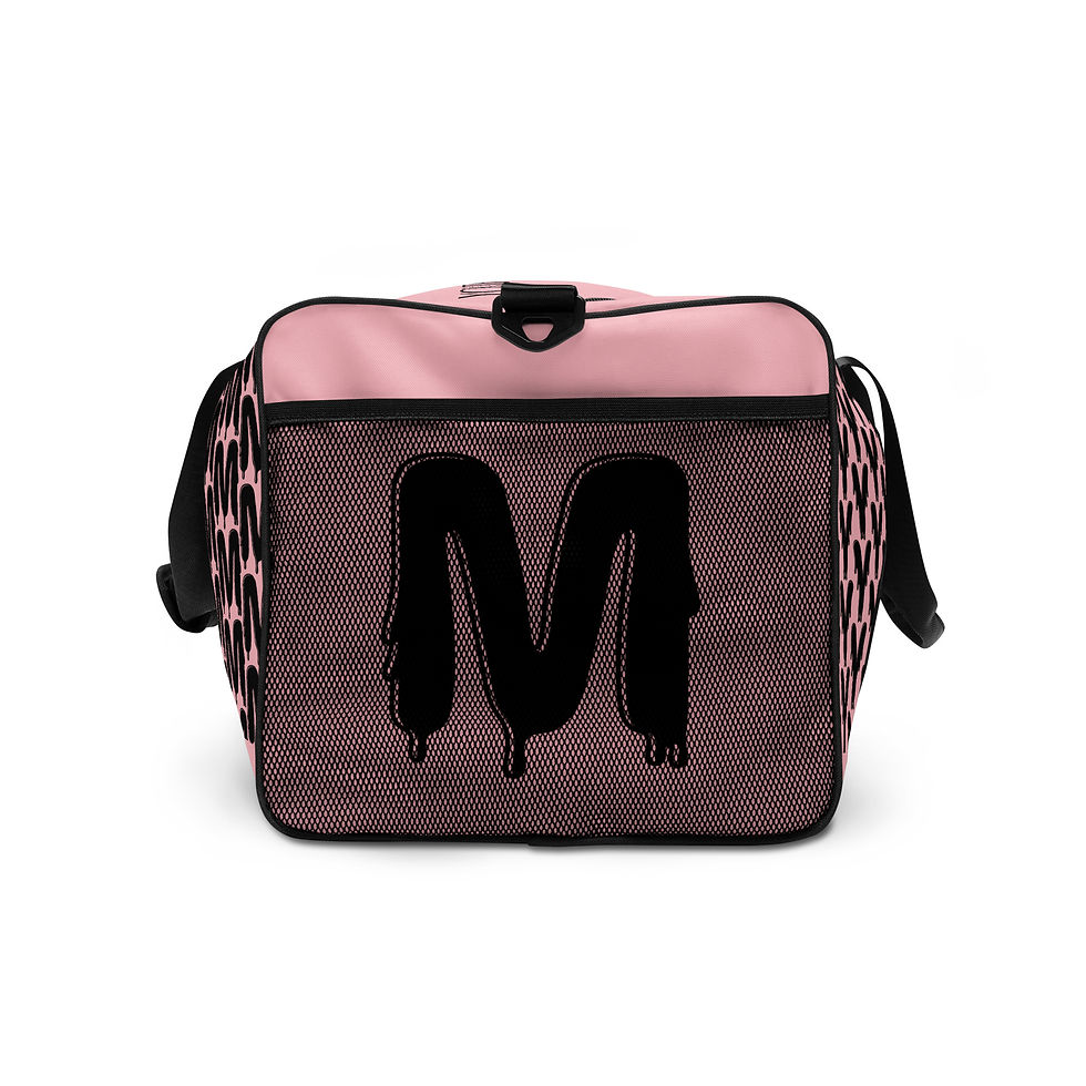 Thumbnail: Pink duffel bag with black dripping "M"