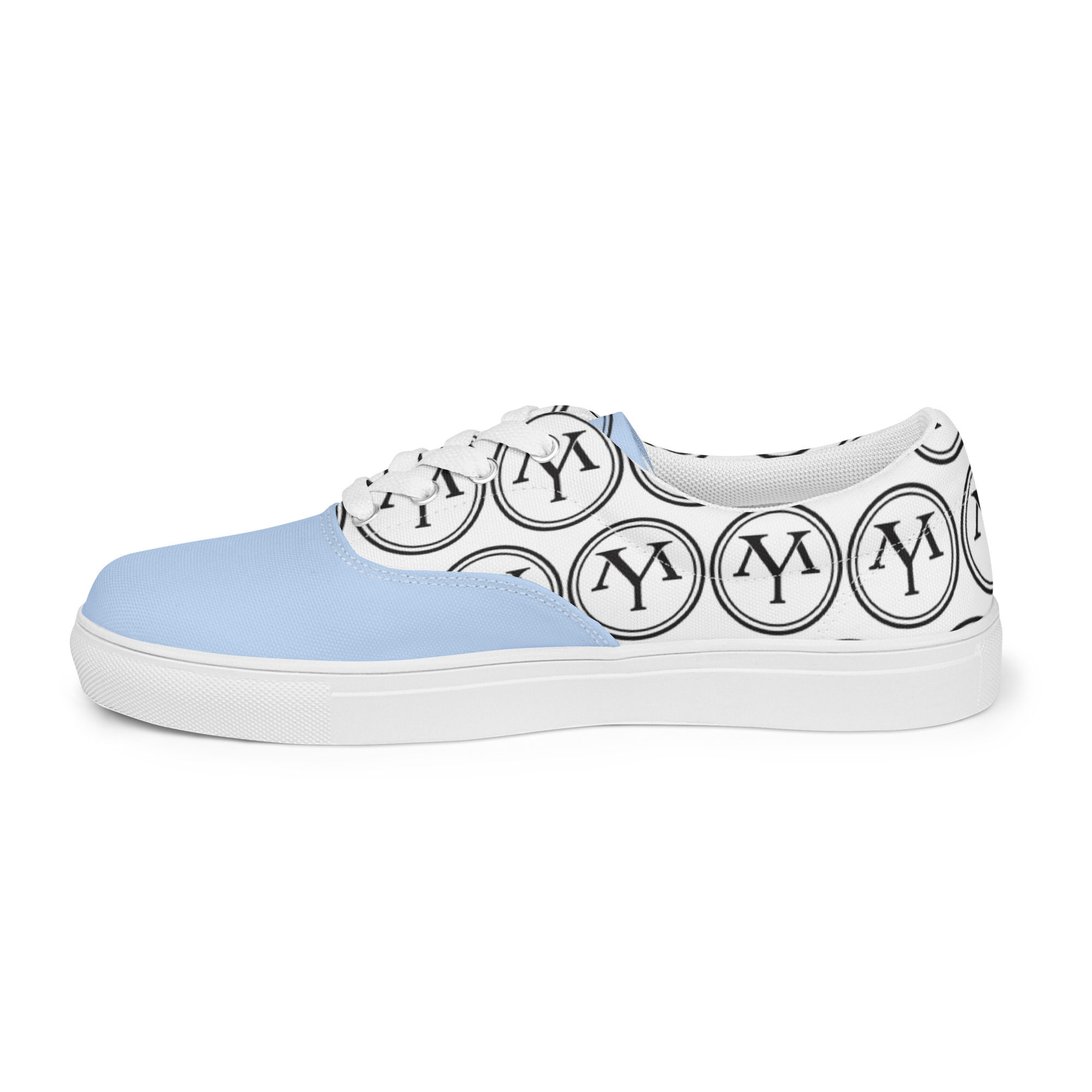 Light blue and white canvas shoes with 'YM' logo