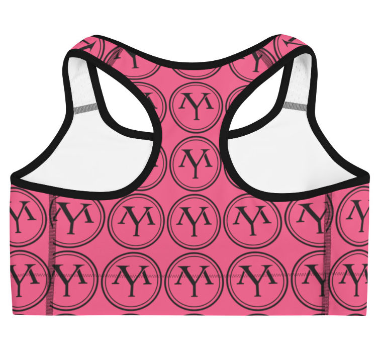 Pink YM sports bra with logo pattern