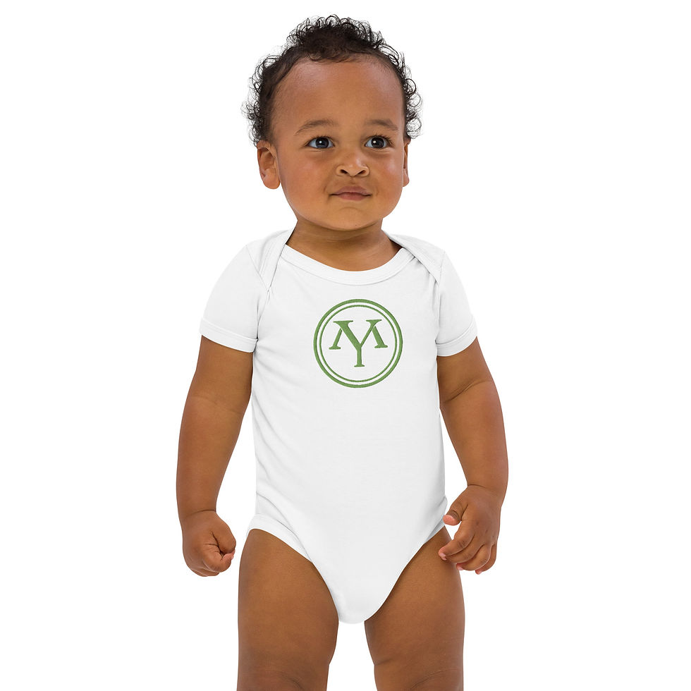 Infant in white bodysuit with 'MY' logo