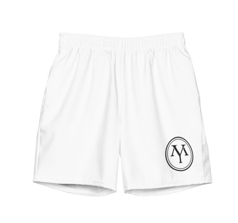 White athletic shorts with MY logo