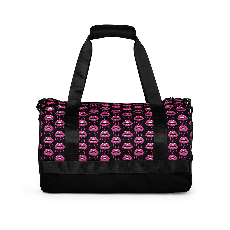 縮圖：Black duffel bag with pink lip pattern