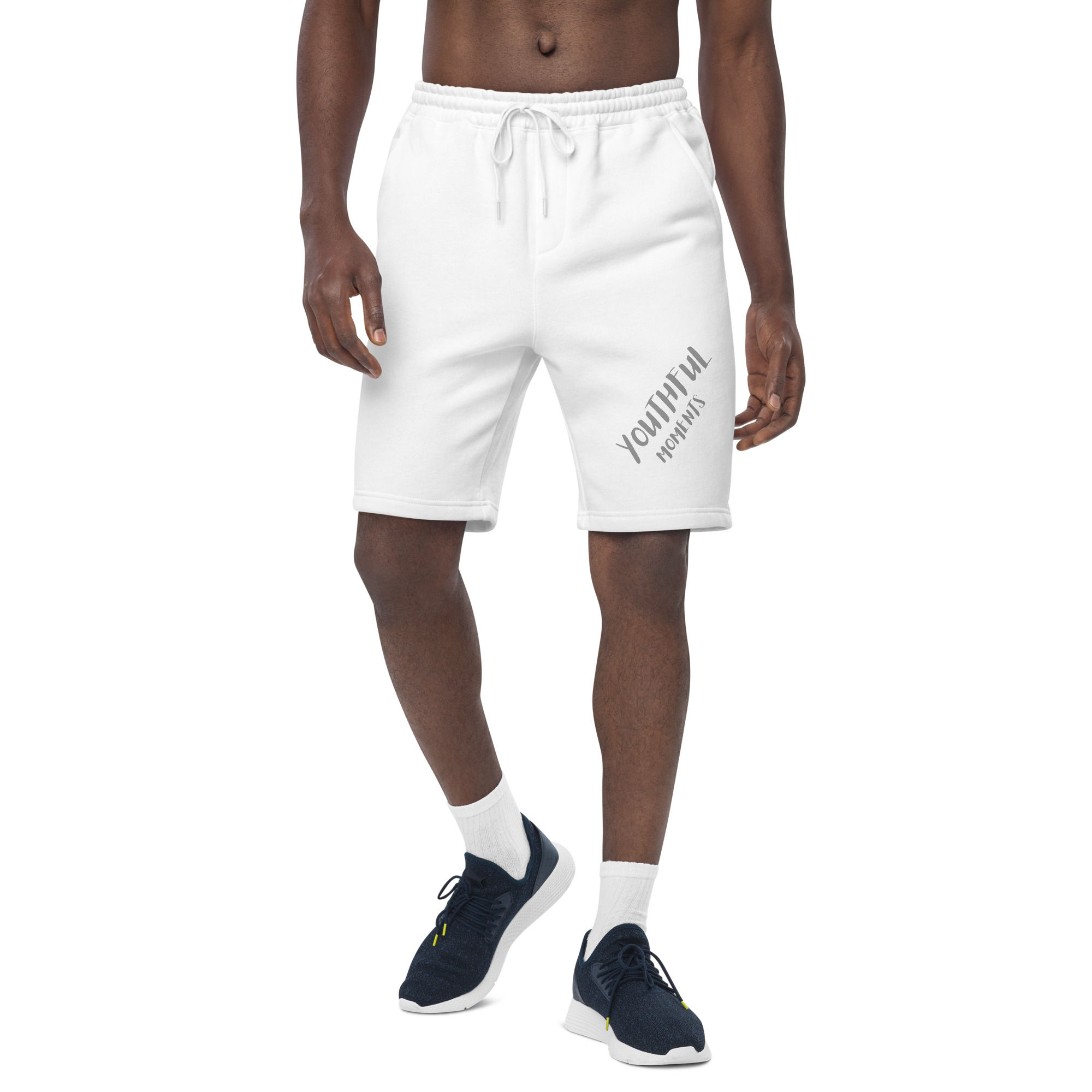 Model in white drawstring shorts