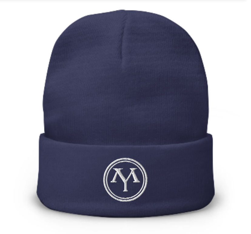 Thumbnail: Navy blue beanie with embroidered MY logo