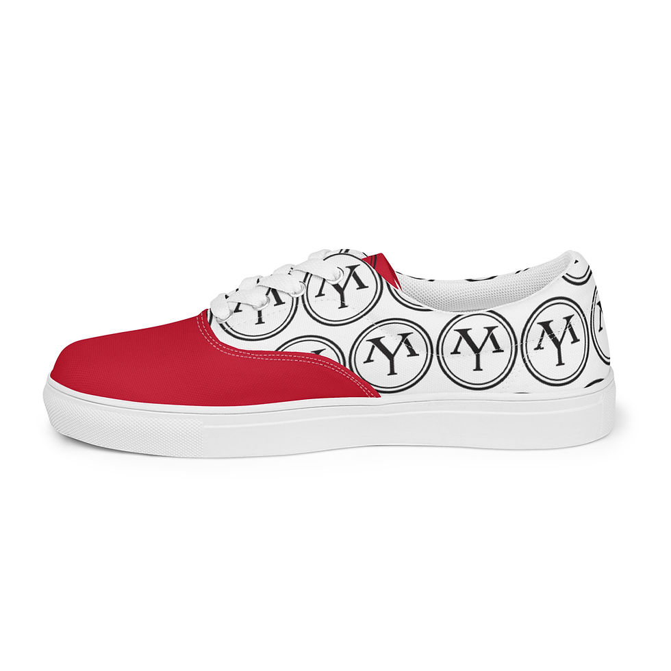 Red canvas shoes with YM logo