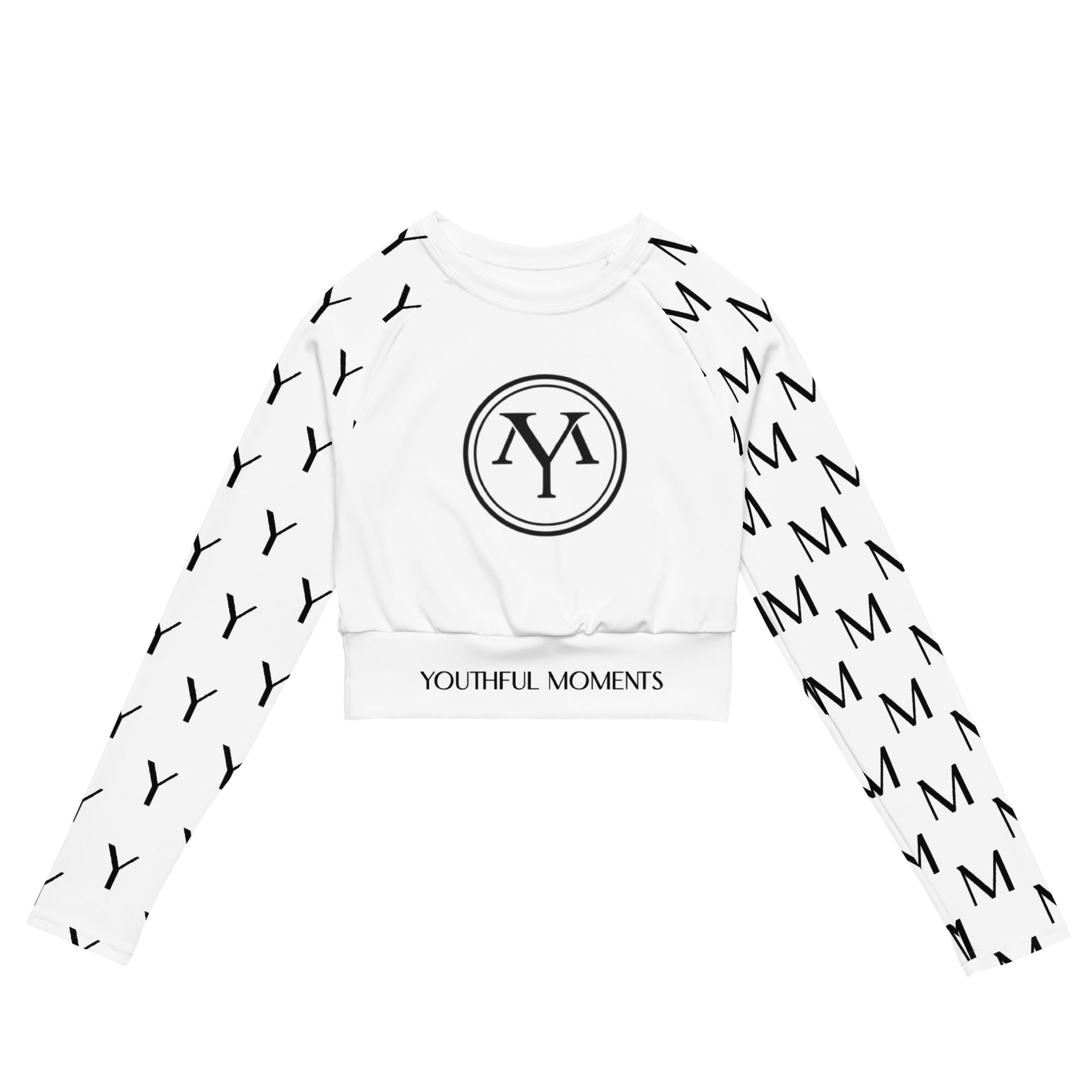 YM Drip Letter Windbreaker: White cropped long sleeve with logo