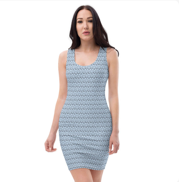 Thumbnail: Woman in a blue patterned bodycon dress