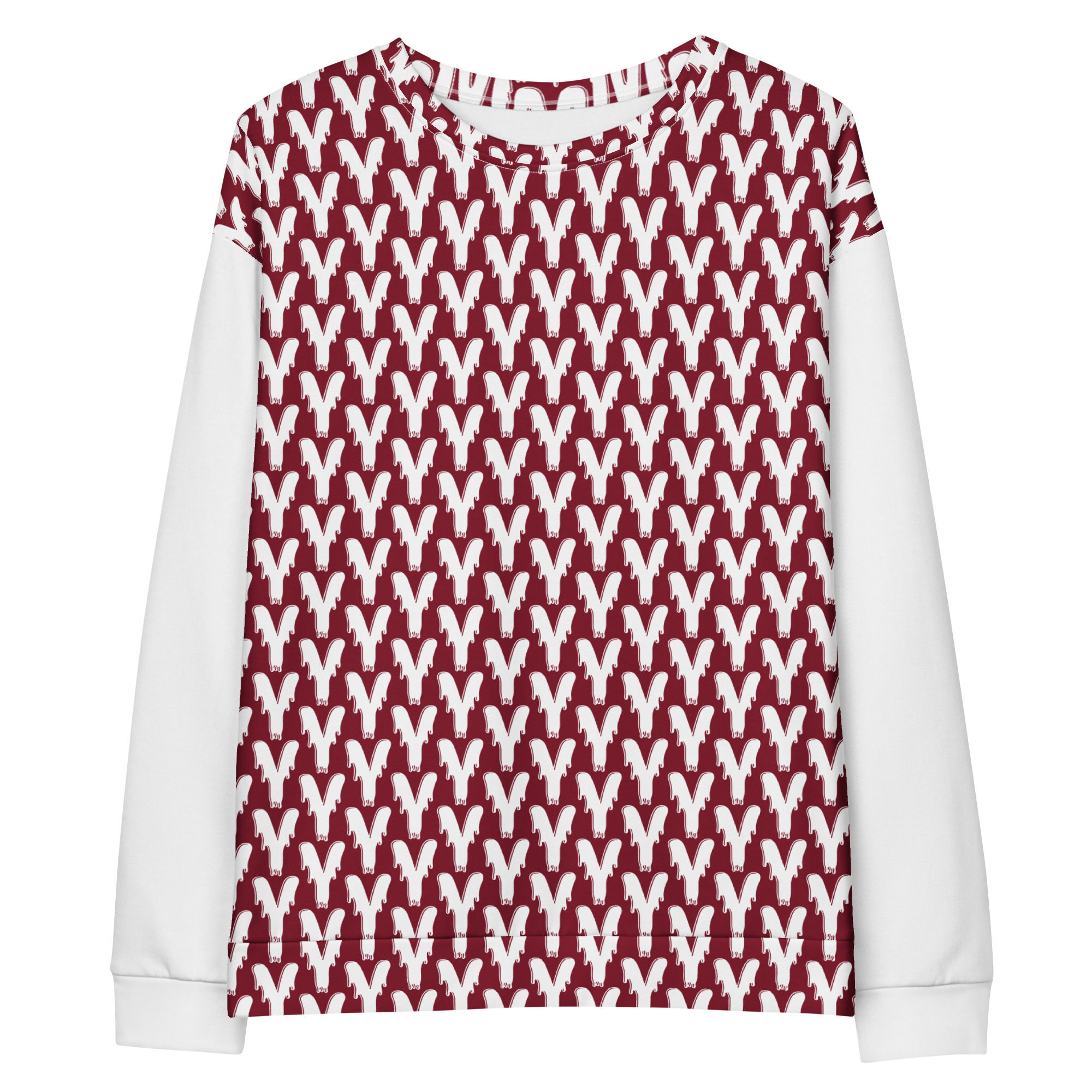 Red sweatshirt with repeating white Y pattern