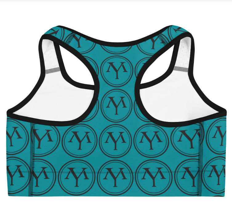 Teal sports bra with repeating logo