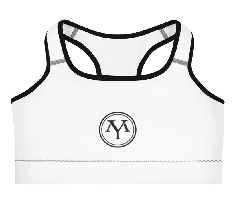 White YM logo sports bra
