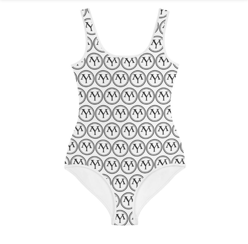 White one-piece swimsuit with black logo pattern