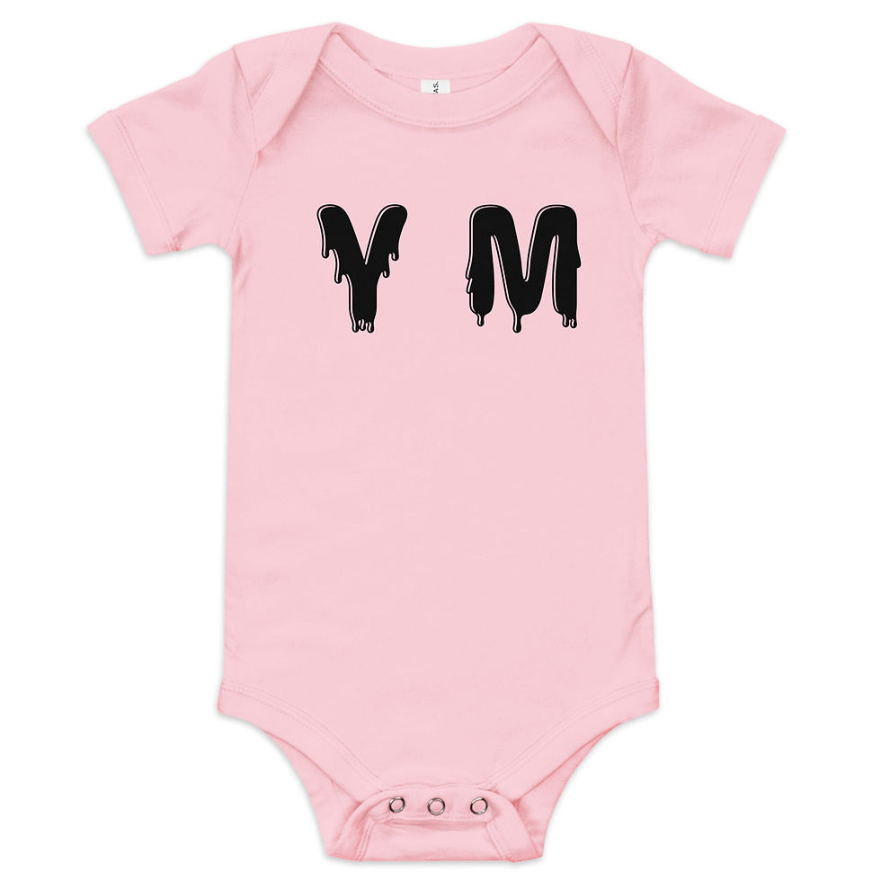 Thumbnail: YM Drip Letter Onesie: Pink baby onesie with black YM letters