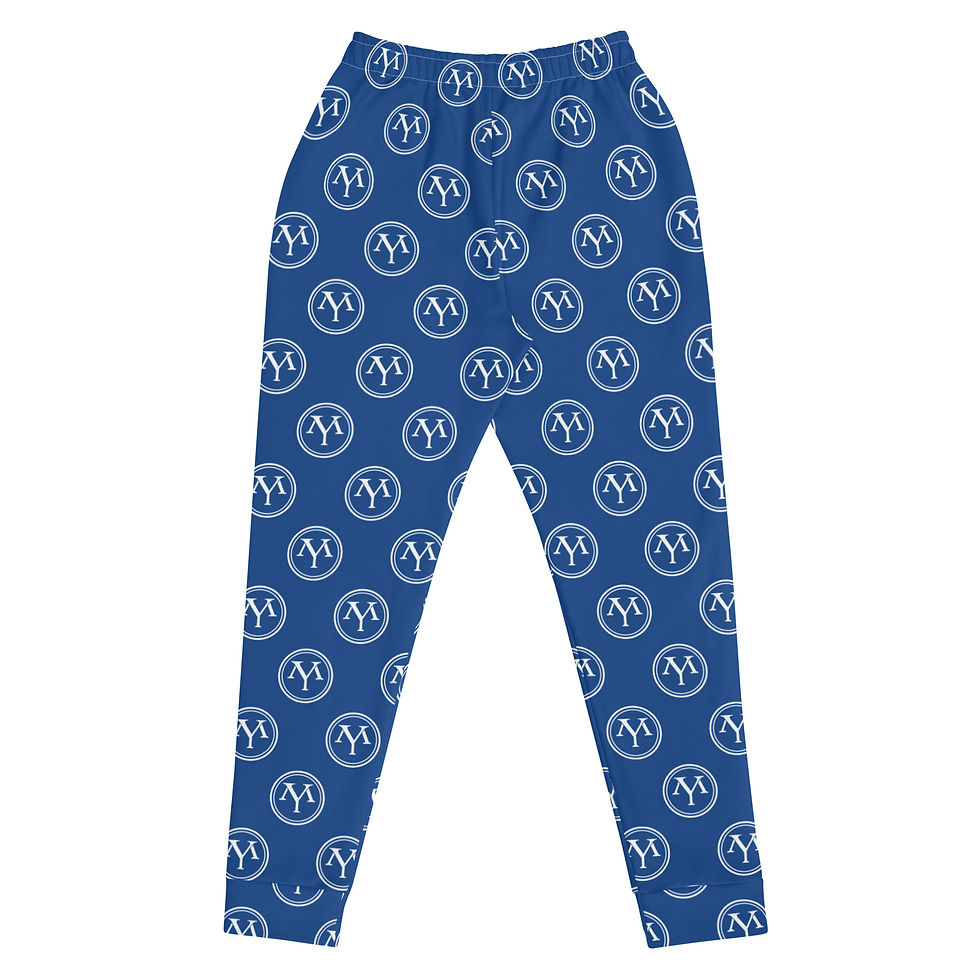 Thumbnail: YM Drip Letter Track Pants: Blue sweatpants with repeating logo pattern