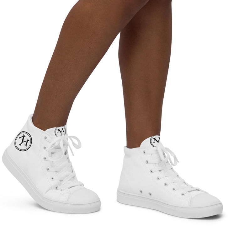 White high-top canvas sneakers with logo