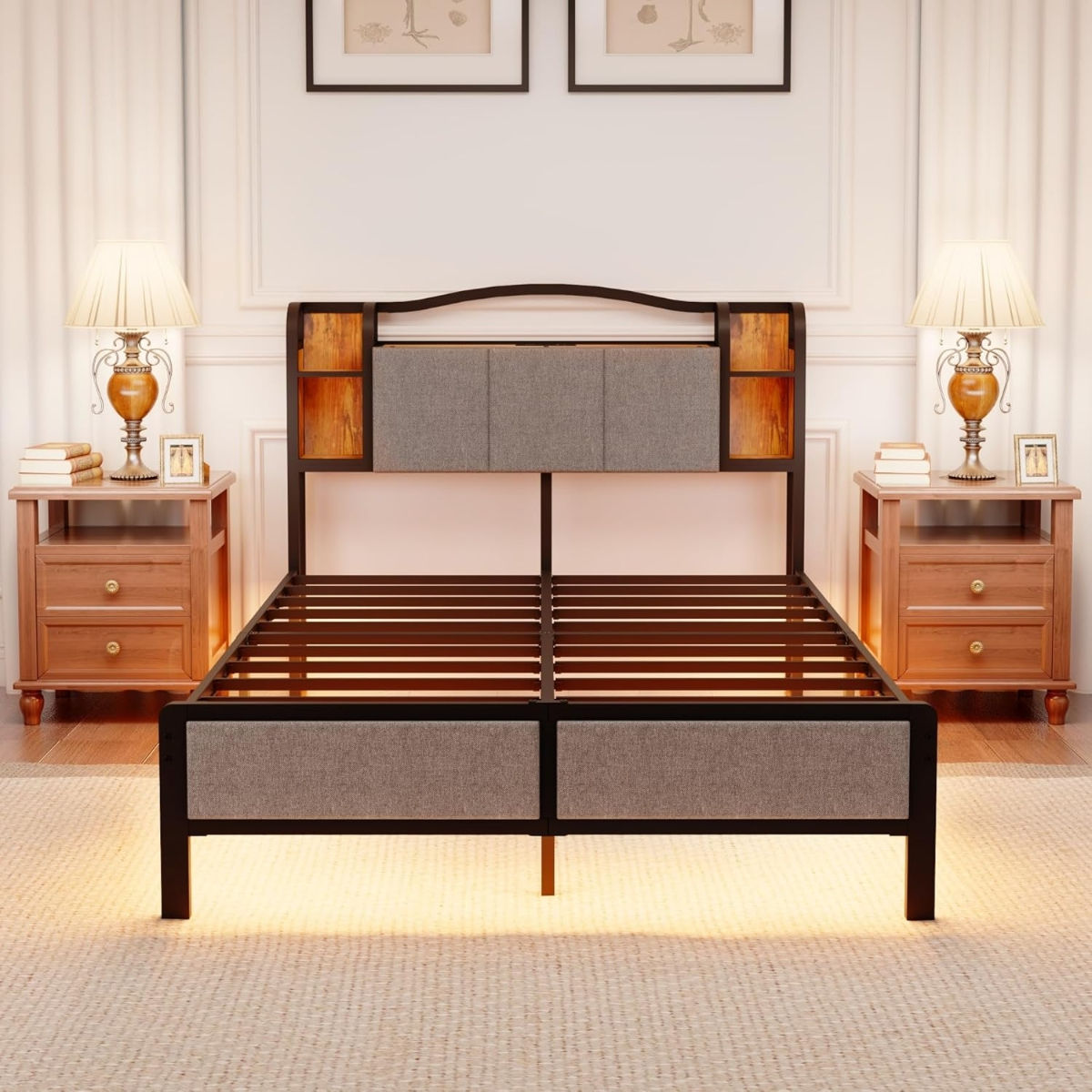 LED Metal Bed Frame w/ Padded Panel & USB Ports