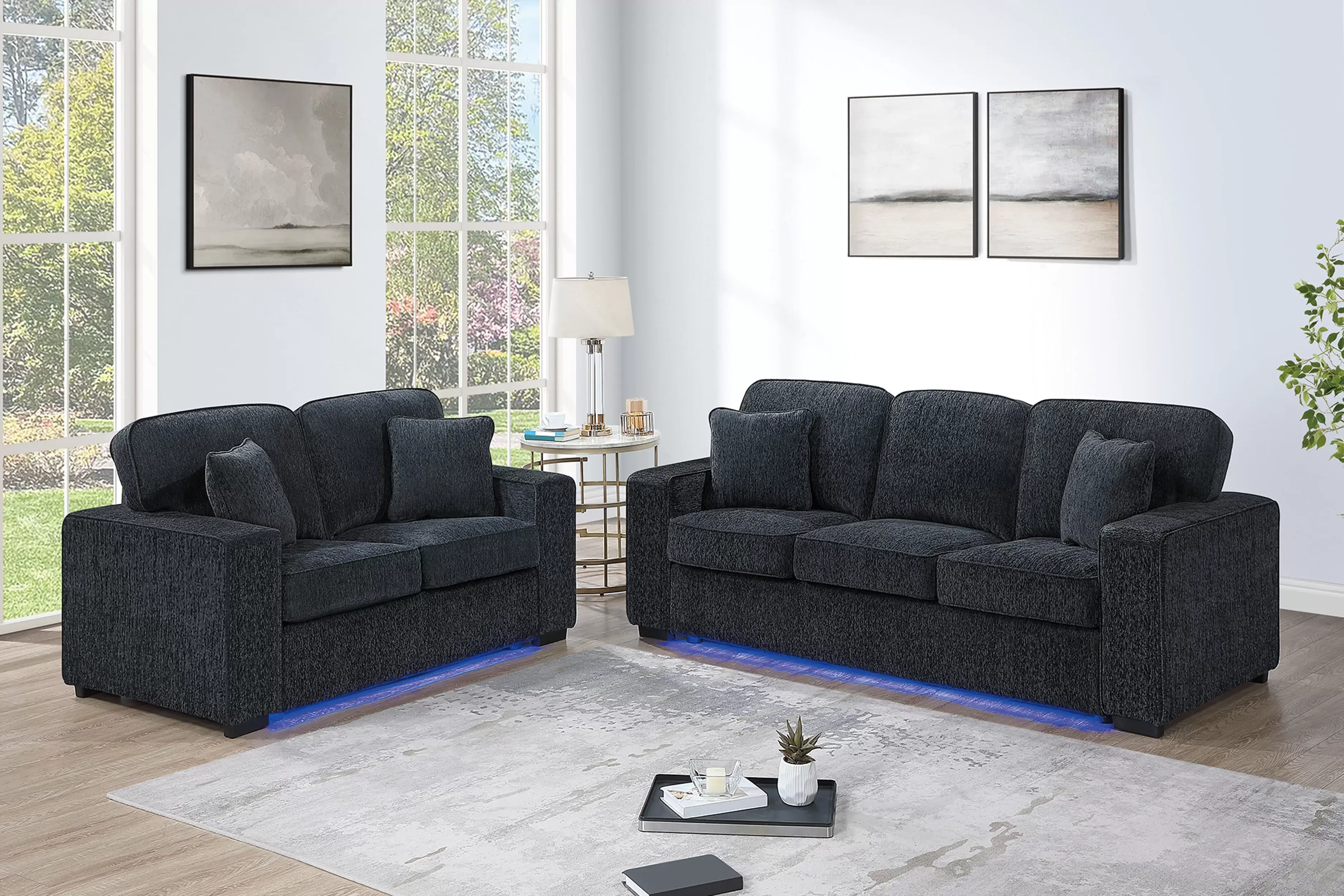 2pc Chenille Sofa & Love Seat Set w/ LED Lighting