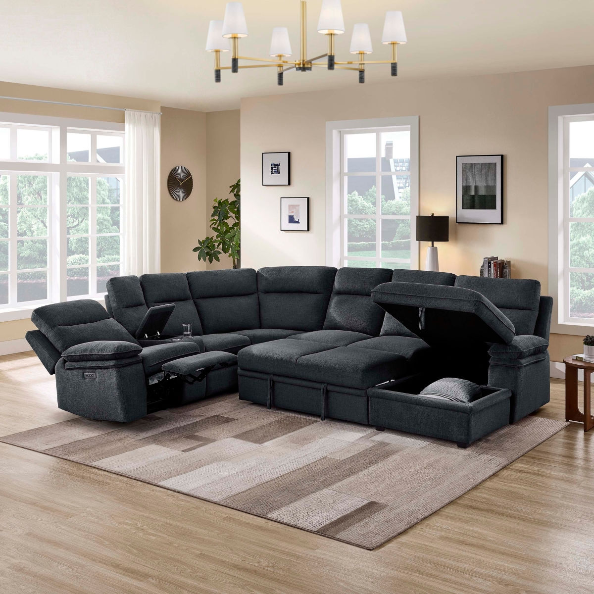 Chenille Electric Sectional + Pullout Bed Set