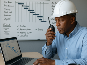 African male construction project manager in a site office wearing a white hard hat, using a walkie-talkie while pointing at a whiteboard with project timelines, seated beside a laptop with project management software open. Construction site visible through the window in the background.