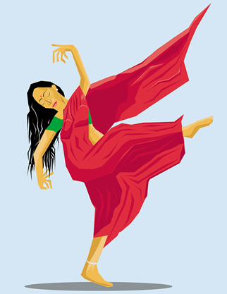 This is an illustration of a woman dancing. She is wearing a green top and a red Saree, and she has long black hair.