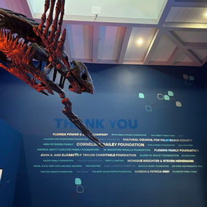 In the foreground, a large ancient sea turtle fossil is suspended from the ceiling. In the background, names of donors are imposed on a dark blue wall in silver, teal and frosted white letters.